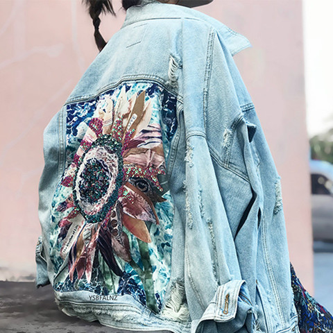 Women Denim Jacket feminine Spring Autumn Boho Sequin Floral Appliques Embroidery Coat Long Sleeve Outerwear Female Veste femme ► Photo 1/6