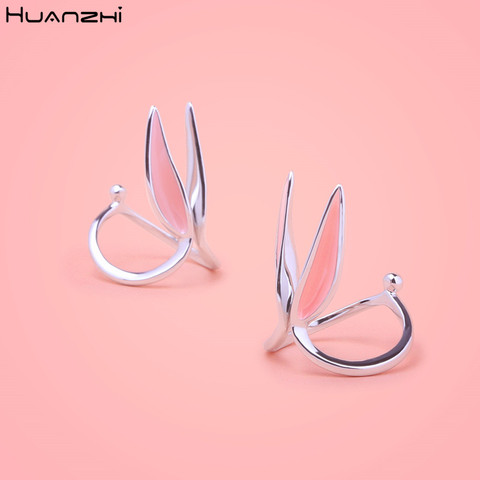 HUANZHI 2022 New Rhinestones Enamel Long Rabbit Ear Glaze Silver Color Adorable Simple Metal Rings for Women Girls Jewelry ► Photo 1/6