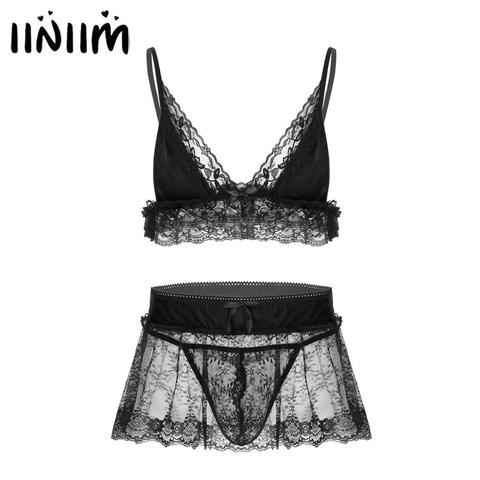 Mens Erotic Lace Sissy Lingerie Set Spaghetti Straps Bra Top with Mini Skirt and G-string Briefs for Gay Male Weeding Nightwear ► Photo 1/6
