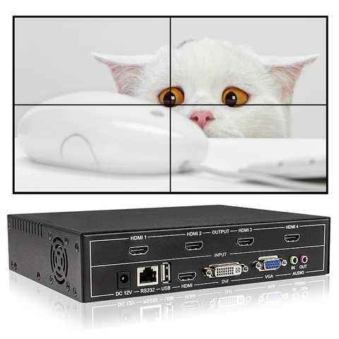 Video Wall controller 2 x 2 video Wall Processor Support DVI/HDMI /VGA/USB input to 4X HDMI out with audio&RS232 control ► Photo 1/5