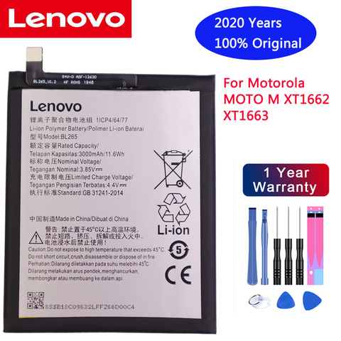 2022 100% original battery  BL265 for Lenovo XT1662 Battery For Motorola MOTO M XT1662 XT1663 3000mAh Batterie+free Tools ► Photo 1/4