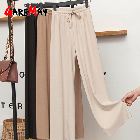 Slacks Women's  Loose Summer Pants Soft  Ice Silk Ankle-Length Black Wide Leg Pants Grey Khaki Women High Waisted Trousers ► Photo 1/6