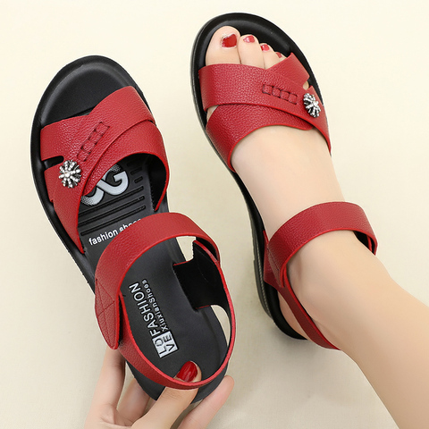 female summer shoes women's leather non slip soft sole comfortable flat sandals mother walking shoes women beach shoes ► Photo 1/6