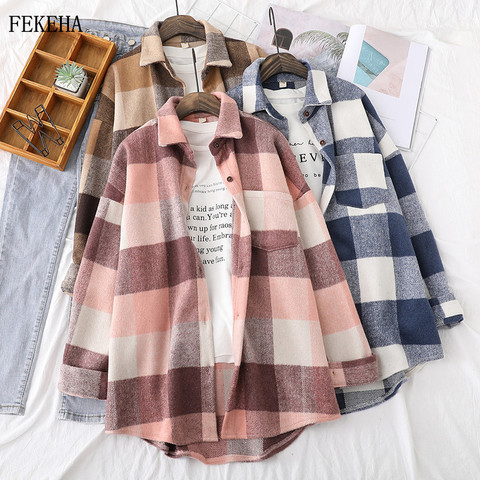 Woolen Plaid Shirts Womens Blouses Winter Thick Long Sleeve Lady Tops Loose Checked Female Clothing Outwear Coat Plus Size ► Photo 1/6