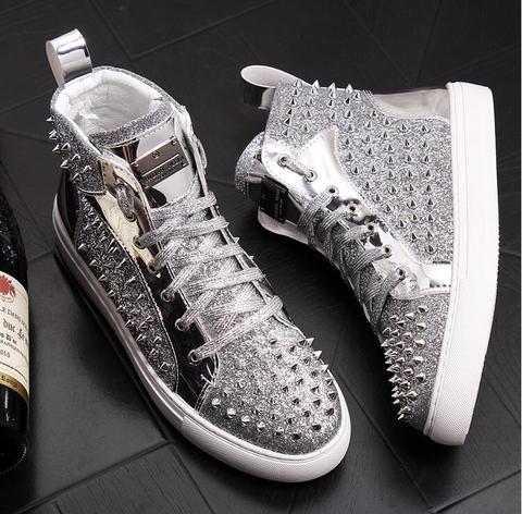 Luxury designer shiny rivet men shoes fashion sneakers spikes high