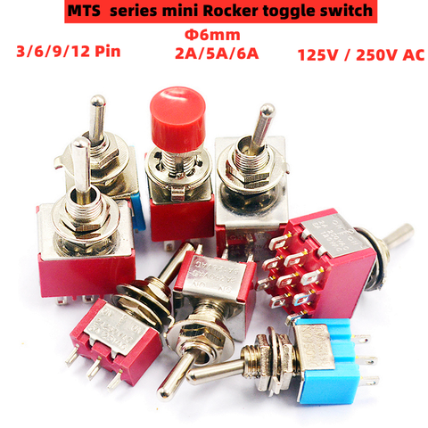1pcs red mini 3/6/9/12Pin 2/3position toggle switches DPDT mini toggle switches 6A/125V 2A/250V AC MTS series push button switch ► Photo 1/6