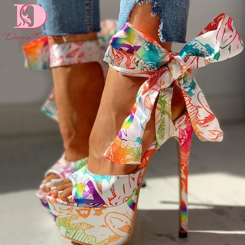 Doratasia 2022 sexy shoes Print super thin high heels Shoes sandals women Summer Party platform ankle-wrap Woman sandals female ► Photo 1/6