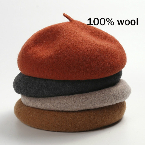 Winter Solid Color 100% Real Wool Beret Hat Women Warm Travel Hat Female French Elegant Berets Ladie Vintage Walking Painter Cap ► Photo 1/6