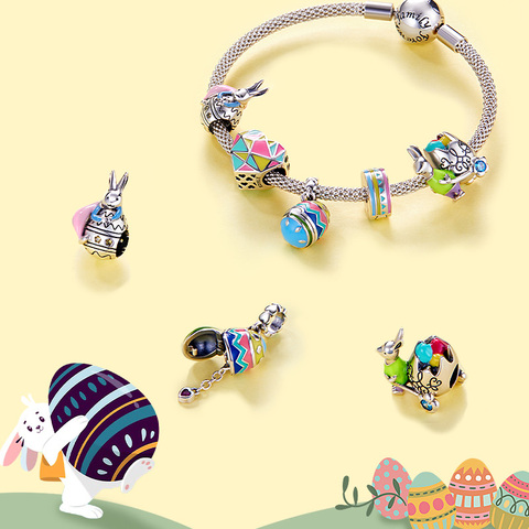 bamoer Real 925 Sterling Silver Easter Rabbit Eggs Colorful Heart Enamel Charm Original for DIY Jewelry Girls Kids gift SCC1754 ► Photo 1/1