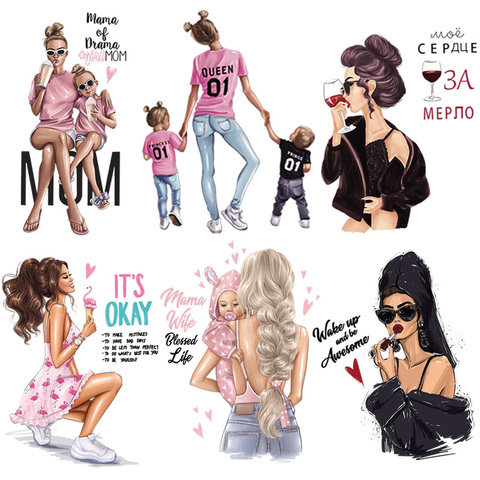 Patches For Clothes Russian Girls Thermal Stickers For Clothes DIY Heat Transfer Coffee Lady Mom Baby Patches Iron On  Transfer ► Photo 1/6