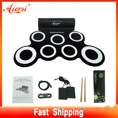 Aiersi Electronic Drum Digital USB MIDI 7 Pads Roll Up Set Silicone Electric Drum Pad Kit With DrumSticks Sustain Pedal ► Photo 1/6