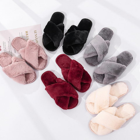 Winter Women House Slippers Faux Fur Fashion Warm Shoes Woman Slip on Flats Female Slides Black Pink cozy home  furry slippers ► Photo 1/6