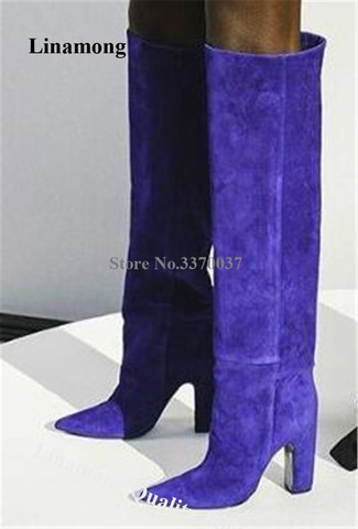 Linamong Women Fashion Pointed Toe Suede Leather Chunky Heel Knee High Boots Blue Green Long High Heel Thick Boots Dress Shoes ► Photo 1/6