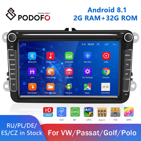 Podofo 2 Din Android 8.1 Car Stereo Radio 8'' Touch Screen Car MP5 Player with Bluetooth GPS FM AM Radio Receiver for VW ► Photo 1/6