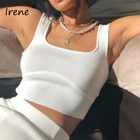 Irene Rib Sexy Square Collar Women Crop Tops 2022 Summer Off Shoulder White Vest Knitted Solid Corset Scoop Tank Tops ► Photo 1/6