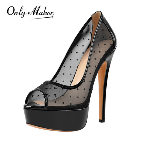 Onlymaker Women's Black Platform Peep Toe Mesh Spike Slip On Pumps Thin High Heel Party Big Size  US5-US15 Shoes ► Photo 1/6