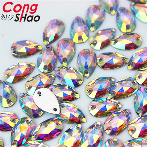 Cong Shao 50-200pcs 6*12/7*12mm Drop Shape Crystals AB Rhinestone Flatback Sewing 2 Hole Stones Resin For DIY Wedding Dress WC66 ► Photo 1/6