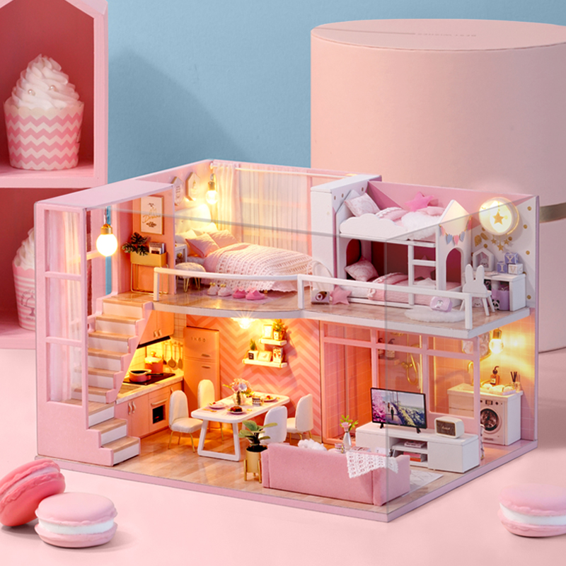 CUTEROOM Miniature DIY Dollhouse with Furnitures Wooden House Toys for Kids 