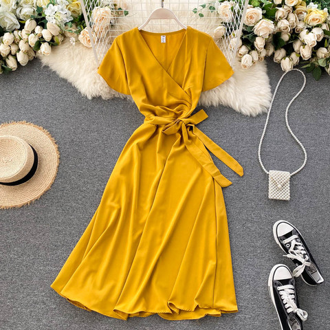 Teeuiear Slim Vintage V Neck Bandage Long Dress Summer Party Women high waist dress Vestido de festa elegant tunic a-line dress ► Photo 1/6