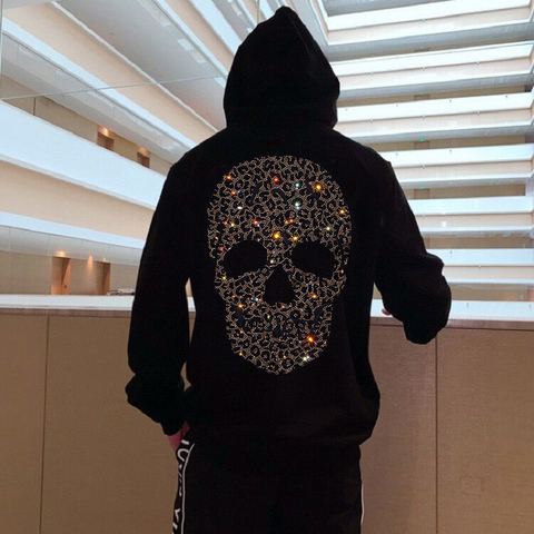 2022 Autumn / Winter New Product Fleece Warm Pullover Men's Hoodie Black And White Couple Casual Rhinestone Skull Jacket Top ► Photo 1/6