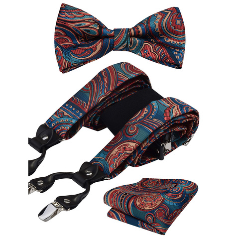 GUSLESON Mens Suspender Floral Paisley Various Braces Classic 6 Clips Y Shape Suspenders Bowtie and Pocket Square Set ► Photo 1/6