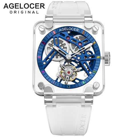 AGELOCER Original Swiss Brand Real Tourbillon Watches Sports Men Blue Skeleton Full Sapphire Gems Case Mechanical Wristwatch ► Photo 1/6