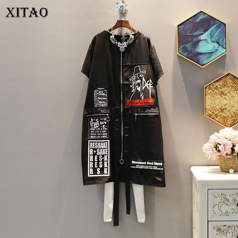 XITAO Tide Print Letter Plus Size Dress Suquined Elegant Women Irregular Pocket Korean Fashion Pullover Match All Summer DLL3176 ► Photo 1/6