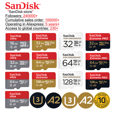SanDisk 100% Original A1A2 Microsd TF card Class10 16GB 32gb Micro SD card 64gb 128GB memory card Video card  sd card u3  memory ► Photo 1/6