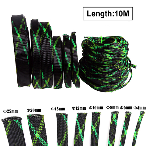 10M  4-25mm Braided Cable Sleeve PET Black&Green&Yellow Expandable Sleeve Wire High Density Sheathing Wire Wrapper ► Photo 1/6