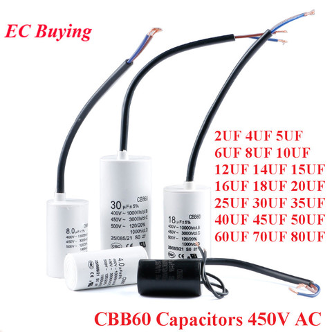 Motor Run Capacitors CBB60 450V AC Starting Capacitor 5% 2/4/5/6/8/10/12/14/15/16/18/20/25/30/40/45/70/80UF for Washing Machine ► Photo 1/6