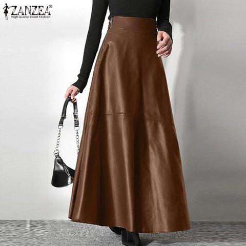 Women Elegant OL Solid Skirts Fashion PU Leather Skirt ZANZEA Office Lady Zipper Long Skirt Elegant Party A Line Bottom Oversize ► Photo 1/6