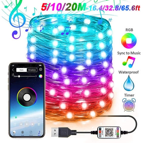 16 Million Colors Smart APP Bluetooth Control RGB Fairy String Light 5M/10M/20M 50-200LED Waterproof USB Copper Wire Lights D30 ► Photo 1/6