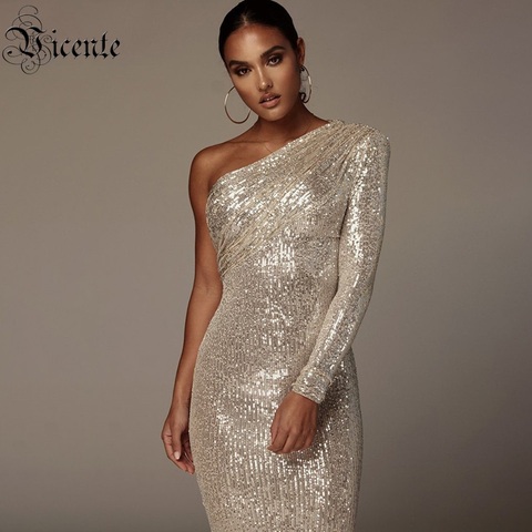 VC Free Shipping 2022 Sexy One Shoulder Dress Sparkle Glitzy Sequins Dress Mesh Patchwork Celebrity Christmas Party Vestidos ► Photo 1/6