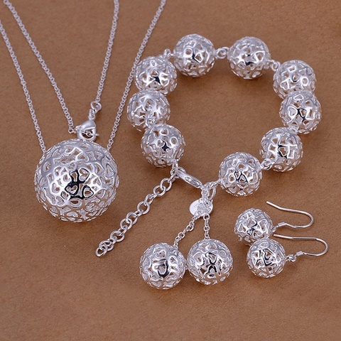 Fine 925 sterling silver wedding Women jewelry exquisite hollow necklace bracelets Earrings set fashion jewelry Set S110 ► Photo 1/1