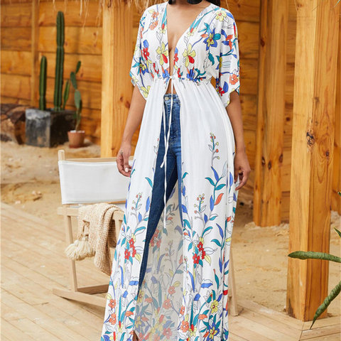 2022 Bohemian Floral Embroidered Half Sleeve Front Open Summer Beach Dress Elegant Women Beachwear Maxi Dress Robe de plage N851 ► Photo 1/6