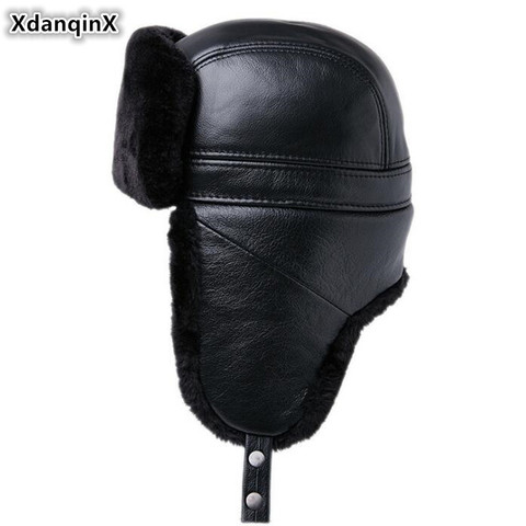 XdanqinX 2022 New Men's Winter Fur Hat Thick Velvet Bomber Hats Cowhide Earmuffs Hat Super Warm Men Genuine Leather Caps Ski Cap ► Photo 1/6