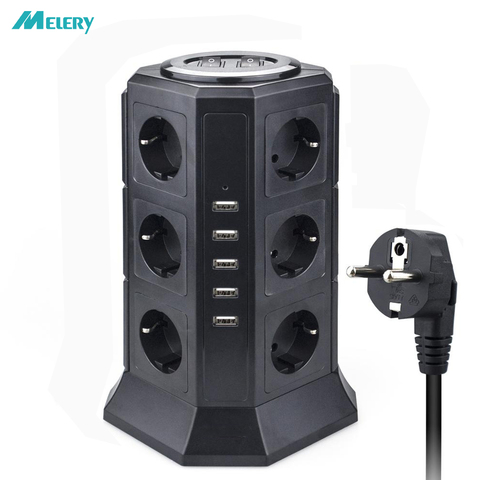 Tower Multiple Power Strip Vertical EU Plug 12 Way Outlets Sockets with USB Surge Protector Circuit Protection 2m Extension Cord ► Photo 1/6