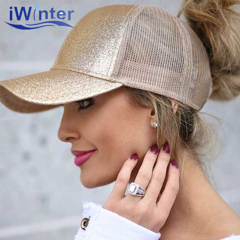 New Glitter Ponytail Baseball Cap For Women Snapback Dad Hat Mesh Trucker Women's Caps Messy Bun Adjustable Hip Hop Sequin Hats ► Photo 1/6