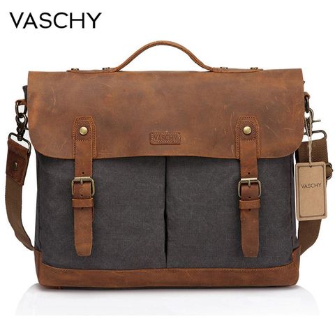 VASCHY Casual Men's Briefcase Business Messenger Bag Cowhide Leather Canvas Shoulder Bag 15.6 inch Laptop Handbag for Men ► Photo 1/6