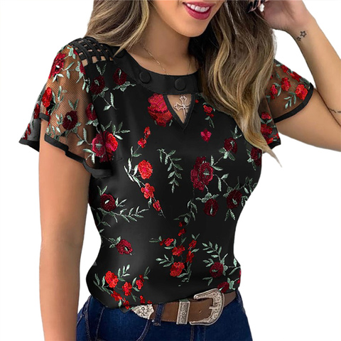4 Styles Sexy Women Ladies Ruffle Sleeve Tops Pullover Dot Polk Embroidery Floral Print Blouse OL Casual Chiffon Jumper Tee ► Photo 1/6