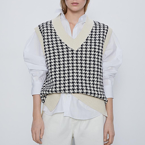 women 2022 fashion oversized knitted vest sweater V neck sleeveless houndstooth loose female waistcoat chic tops ► Photo 1/6