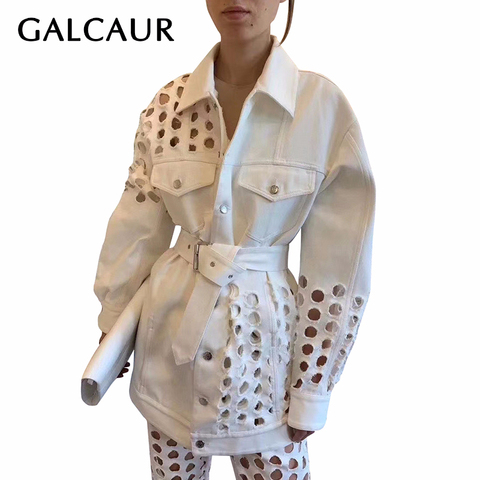 GALCAUR Korean Denim Hole Jacket Women Lapel Collar Long Sleeve High Waist With Sashes Hollow Out Coats Female 2022 Fashion Tide ► Photo 1/6