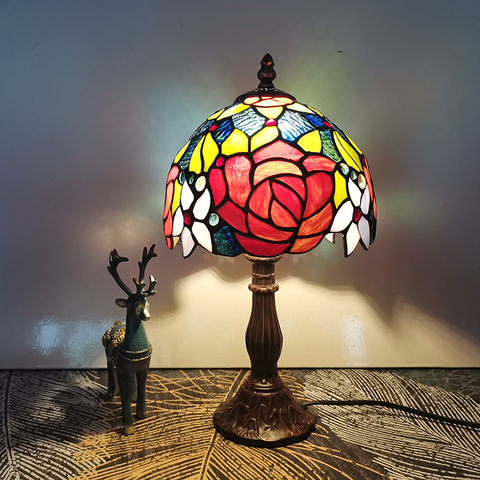 WOERFU 20CM Tiffany Table Lamp Alloy Base Rose Lampshade Bedroom Bedside Lamp Creative Fashion Retro Table Lamps ► Photo 1/6