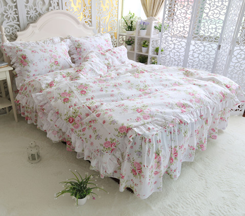 Cotton bedding set princess wind lotus leaf embroidered lace bedspread pillowcase botanical flower print bed spread kit HM-08F ► Photo 1/5