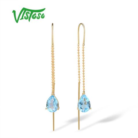 VISTOSO 9K 375 Yellow Gold Charming Blue Topaz Stylish Dangling Earrings For Women Party Engagement Anniversary Fine Jewelry ► Photo 1/6