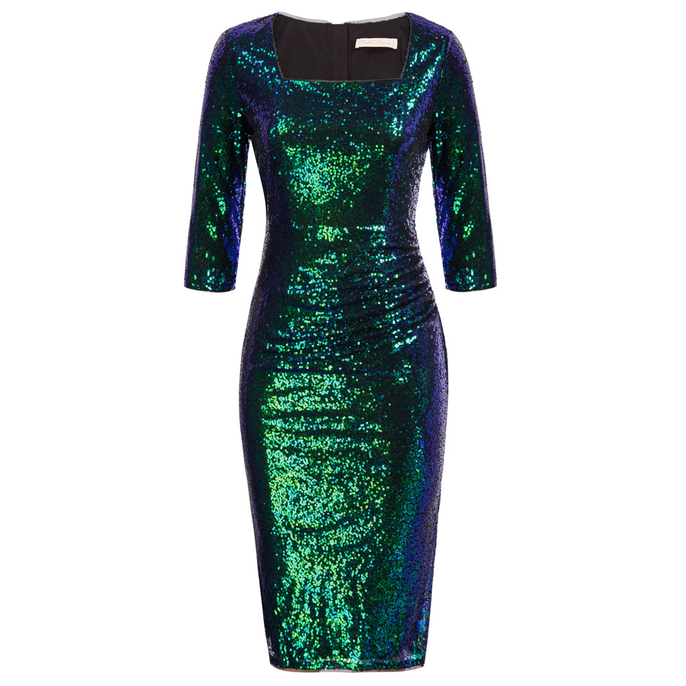 Belle Poque Women Dresses Sequined Pencil Dress 3/4 Sleeve Square Neck Hips-Wrapped Retro Sexy Dress Knee Length New Autumn Lady ► Photo 1/6