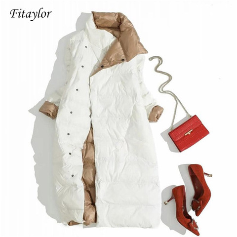 Fitaylor Plus Size Women Double Sided Down Long Jacket White Duck Down Coat Winter Double Breasted Warm Parkas Snow Outwear ► Photo 1/6