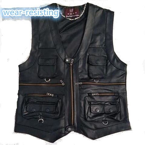 2022 New gentlement leather vest male slim commercial male leather vest sheepskin leather men vest waistcoat with many pockets ► Photo 1/5