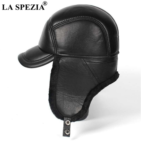 LA SPEZIA Winter Hat Men Genuine Leather Sheepskin Bomber Hat Earflap Black Warm Thick Ski Snow Windproof Male Russian Hat ► Photo 1/1