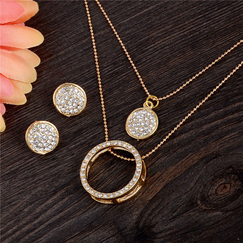 Gold Color Austrian Crystal Classic Hollow Round 48cm Necklace Pendant Earrings Jewelry Set ► Photo 1/6